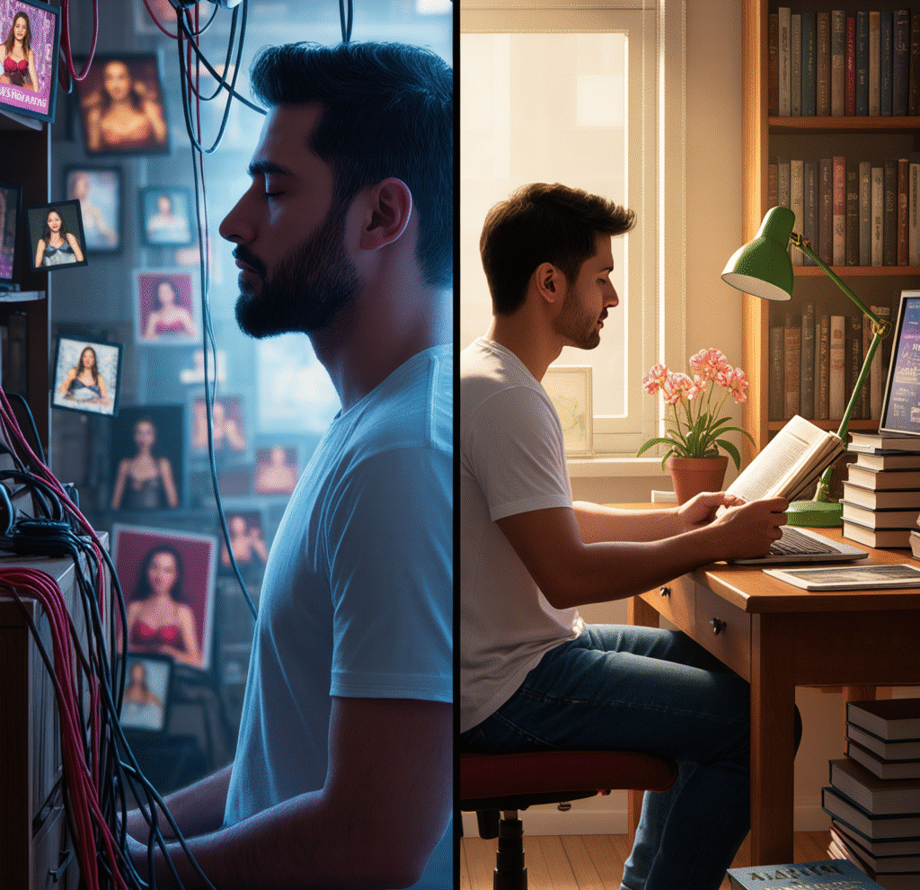 A man on the left side, quietly reading books in a serene, organized space. On the right, the same man is overwhelmed by a chaotic jumble of noise, distractions, and negative thought.